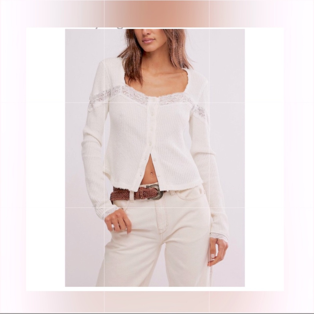 NWT!💕FP Let’s Party Cardi🎊Cream Lace-Trim Buttons Free People🌸🤩